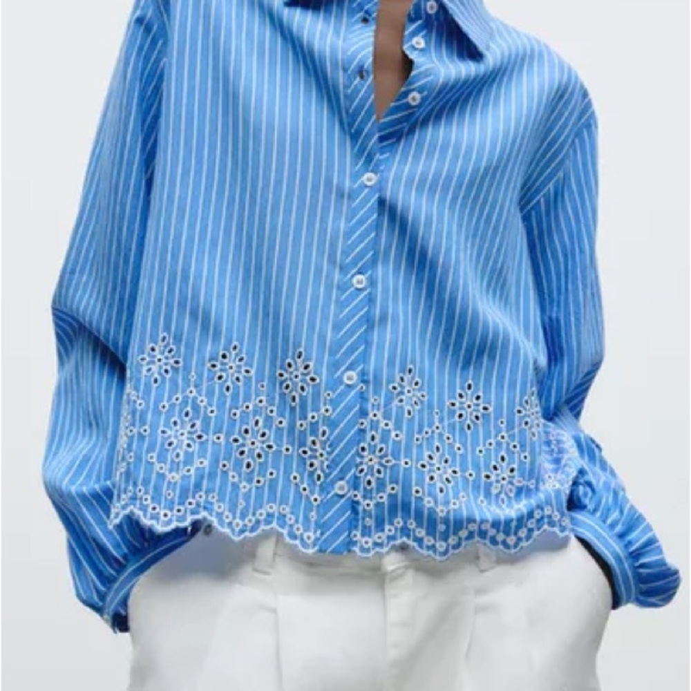 Zara Blue Striped Button Down Shirt with Embroidery